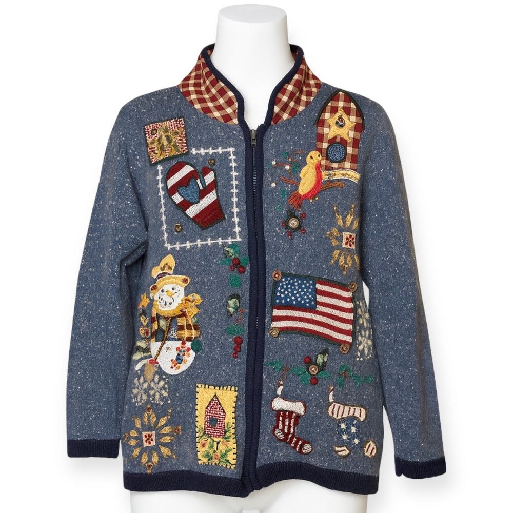 OHI Vintage Folk Art‎ Holiday Sweater Snowman Birdhouse Plaid Collar Sz Small